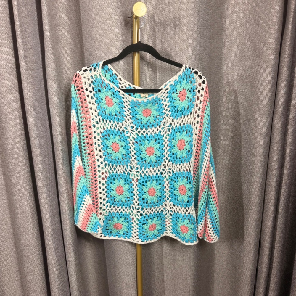 POL Womens Crochet Granny Square Floral Sweater Top Blue‎ Pink GST179 Medium
